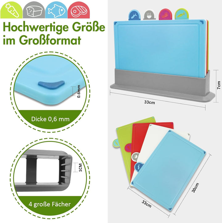 Schneidebrett Set, Farbe Kunststoff Schneidebretter mit Lebensmittel-Icons & Tablettboden, Rutschfes