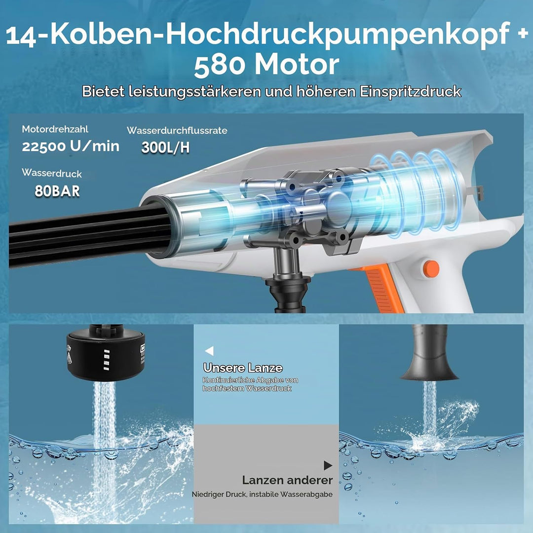 Akku hochdruckreiniger, Pressure Washer, Mobiler Druckreiniger, 300L/H, Hydro Blast, 30 Bar, mit 6-i