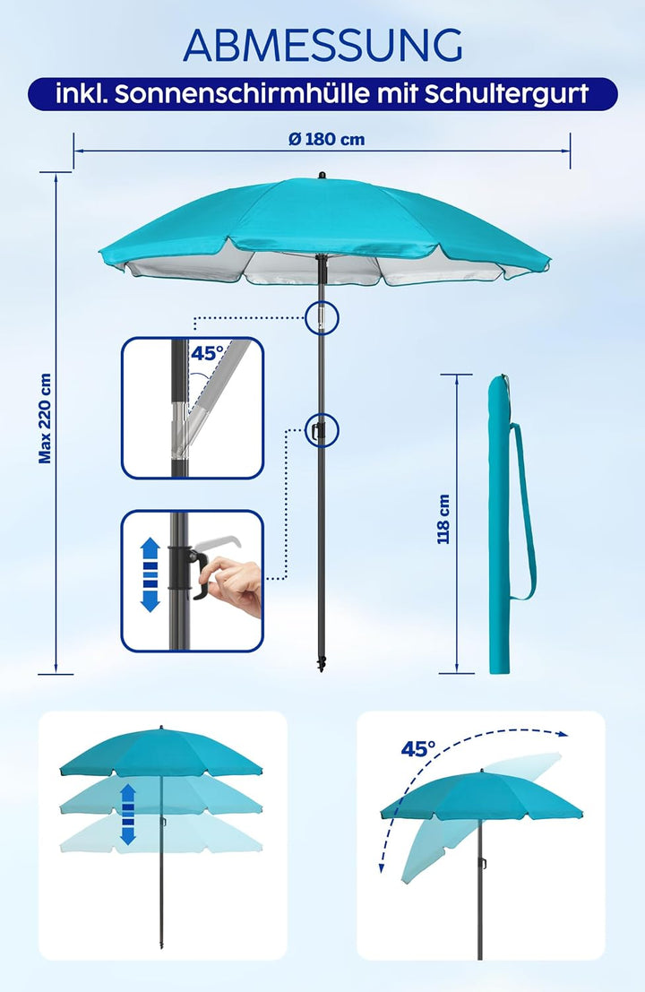 4smile Sonnenschirm Strand Ø 180 cm, Türkis, Sonnenschirm Balkon | Strandschirm windfest stabil, Bal