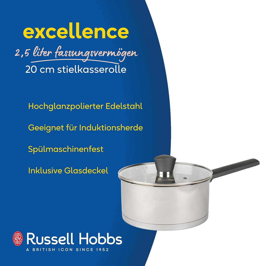 Russell Hobbs RH01164EU Excellence 20cm Stielkasserolle, 2.5L stieltopf mit Glasdeckel, hochglanzpol