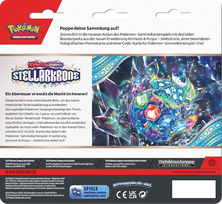 Pokémon-Sammelkartenspiel: 3er-Pack-Blister Karmesin &amp; Purpur – Stellarkrone: Latias (3 Boosterpacks