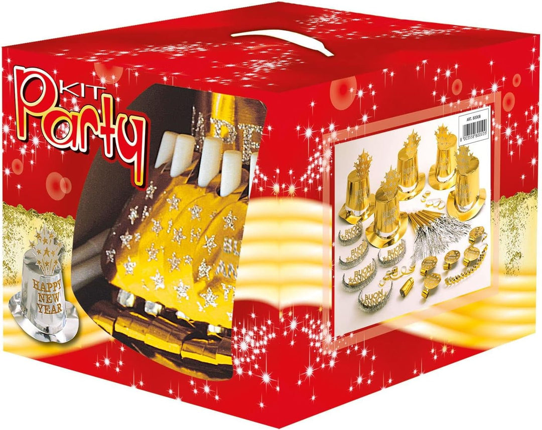 "GOLD BUON ANNO PARTY KIT" for 10 persons (5 top hats, 5 crowns, 5 sounding trumpets, 5 sounding blo