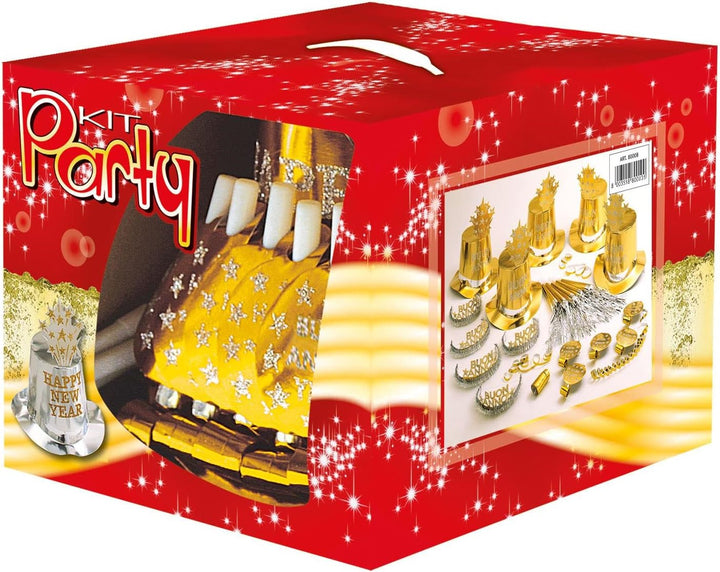 "GOLD BUON ANNO PARTY KIT" for 10 persons (5 top hats, 5 crowns, 5 sounding trumpets, 5 sounding blo