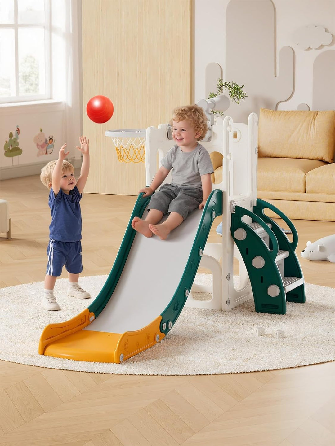 Rutsche für Kleinkinder mit Basketballkorb, Ball &amp; Spielzeug-Teleskop, Indoor &amp; Outdoor Spielplatz S