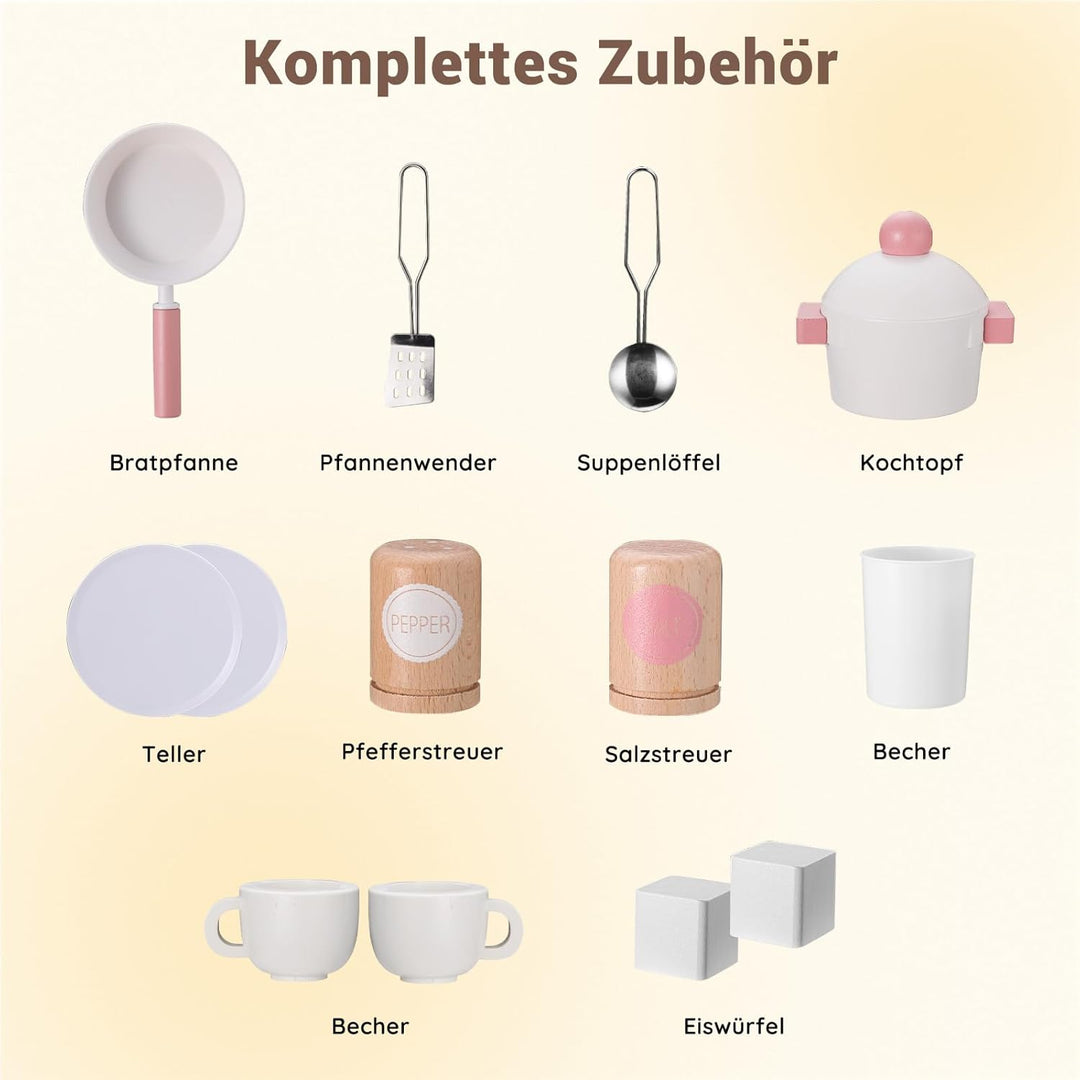 SainSmart Jr. Kinderküche Holz Spielküche für Kinder, Rosa – mit Licht & Sound, Eiswürfelspender, Mi