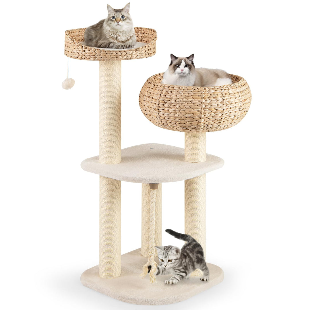 COSTWAY 104cm Kratzbaum, Katzenbaum klein, Katzenkratzbaum mit Sitzstange, Korb, Sisalpfählen, Sisal