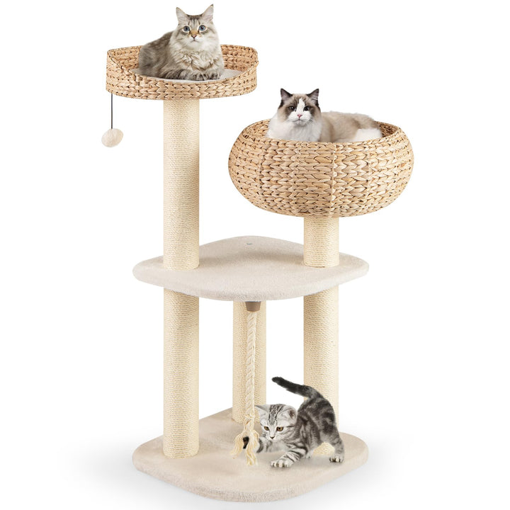 COSTWAY 104cm Kratzbaum, Katzenbaum klein, Katzenkratzbaum mit Sitzstange, Korb, Sisalpfählen, Sisal