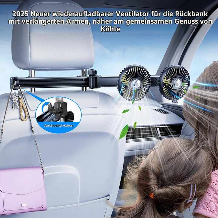 Akku-Ventilator für Auto-Rücksitz mit einziehbarem langem Arm, [Geschenk-Kfz-Ladegerät &amp; USB-C-Kabel