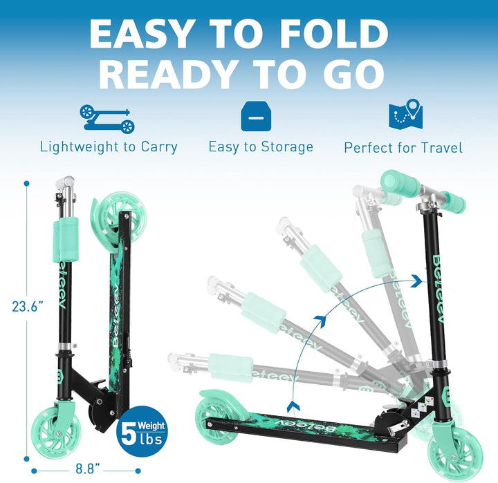 BELEEV V1 Roller Kinder 2 Räder, Klappbar Kinderroller für Mädchen Jungen, Tretroller mit LED Leucht