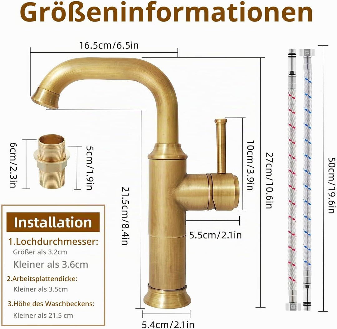 Wasserhahn Bad Antik Messing, Waschtischarmatur Hoch 360° Drehbar, Einhebel Mischbatterie Badarmatur