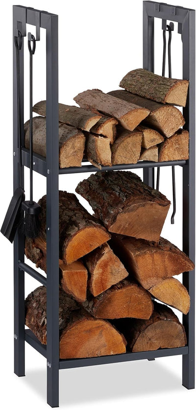 Relaxdays, anthrazit Kaminholzregal mit 2 Ablagen, aus Stahl, 4 Haken für Kaminbesteck, Brennholzreg
