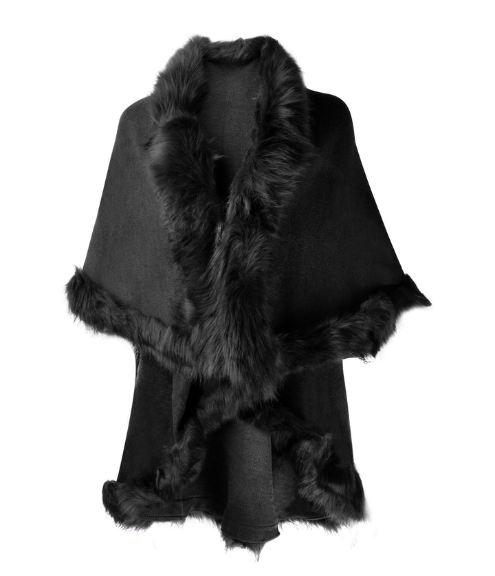 ZLYC Damen Winter Kunstpelz Poncho Strick Schal Stola Warm Cape Cardigan Schwarz, Schwarz