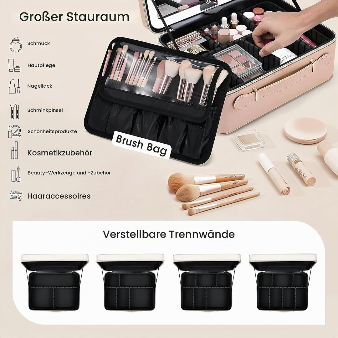 Leder-Kosmetiktasche mit LED-beleuchtetem Spiegel Reise-Kosmetikkoffer Einstellbare Helligkeit in 3