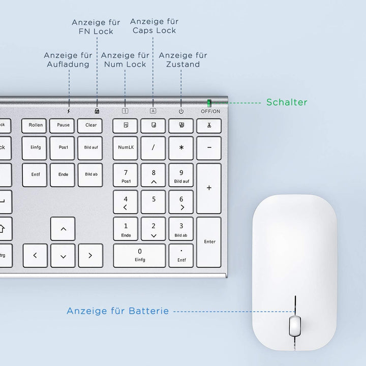 Kabelloses Tastatur Maus Set, seenda 2.4G Ultraflach Wireless Tastatur und Maus Aufladbar aus Alumin