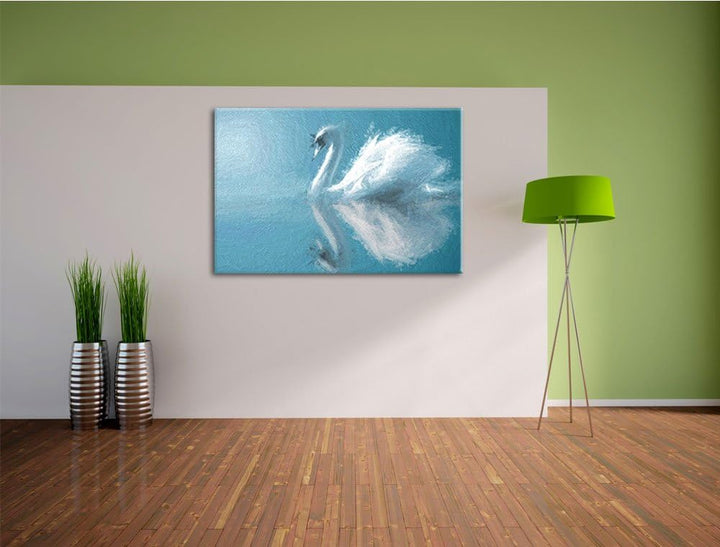 Edler weisser Schwan auf See Deluxe Format: 100x70 cm auf Leinwand, XXL riesige Bilder fertig gerahm