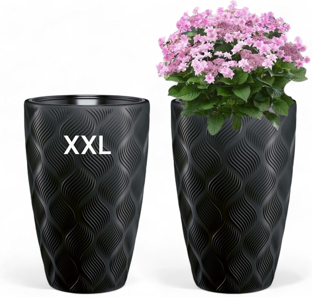 MELTOM Blumentopf mit Bewässerungssystem Rund Hoch 3D Effekt Dekorativ, Farbe: Schwarz, DxH: 39 x 58