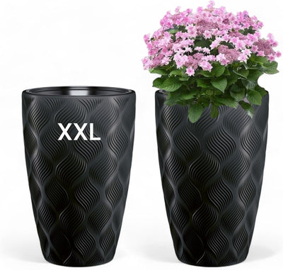 MELTOM Blumentopf mit Bewässerungssystem Rund Hoch 3D Effekt Dekorativ, Farbe: Schwarz, DxH: 39 x 58