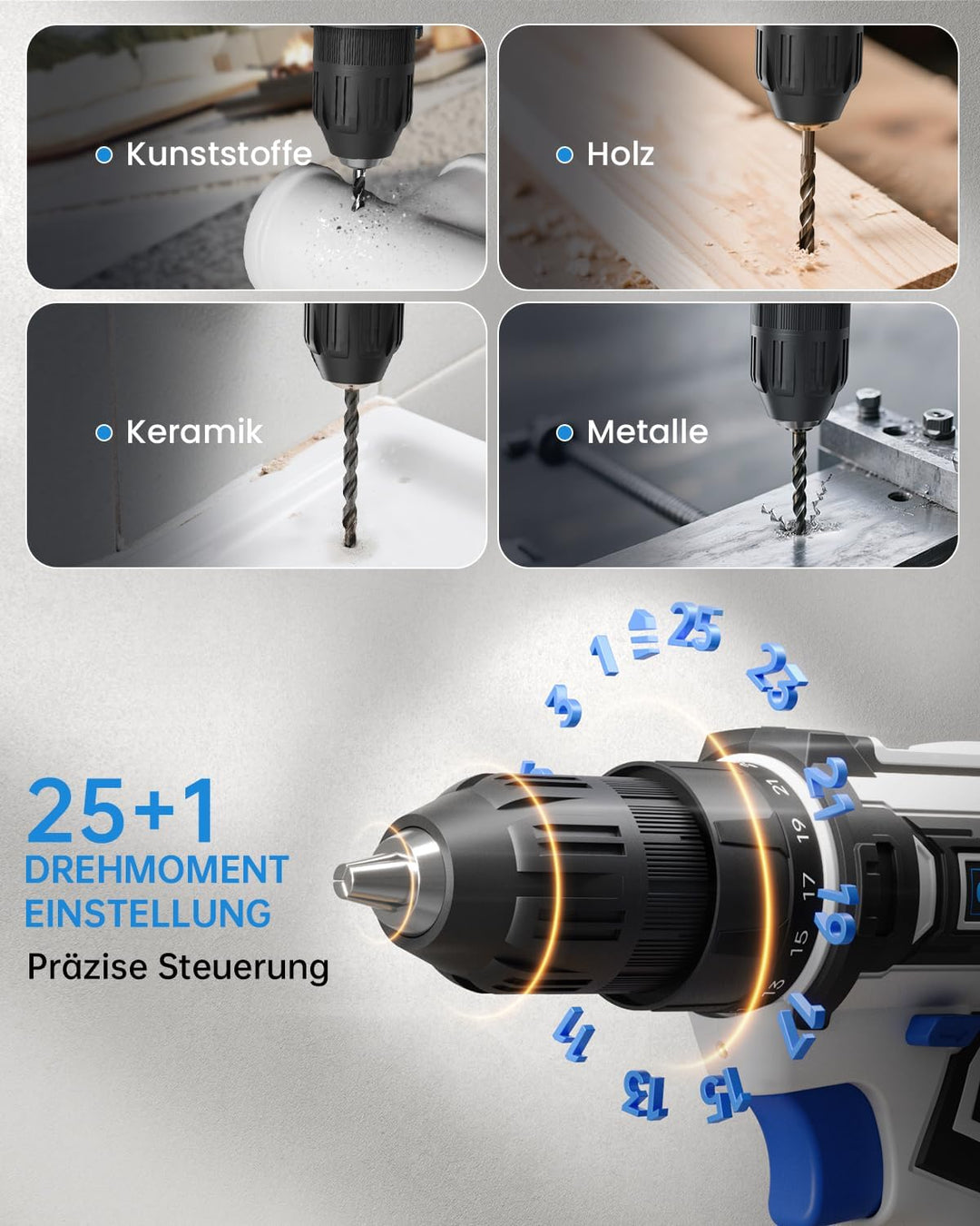 12V Akkuschrauber, Akkuschrauber Klein, 25+1 Drehmomenteinstellung Akkubohrer, 98tlg Zubehör, LED-Li
