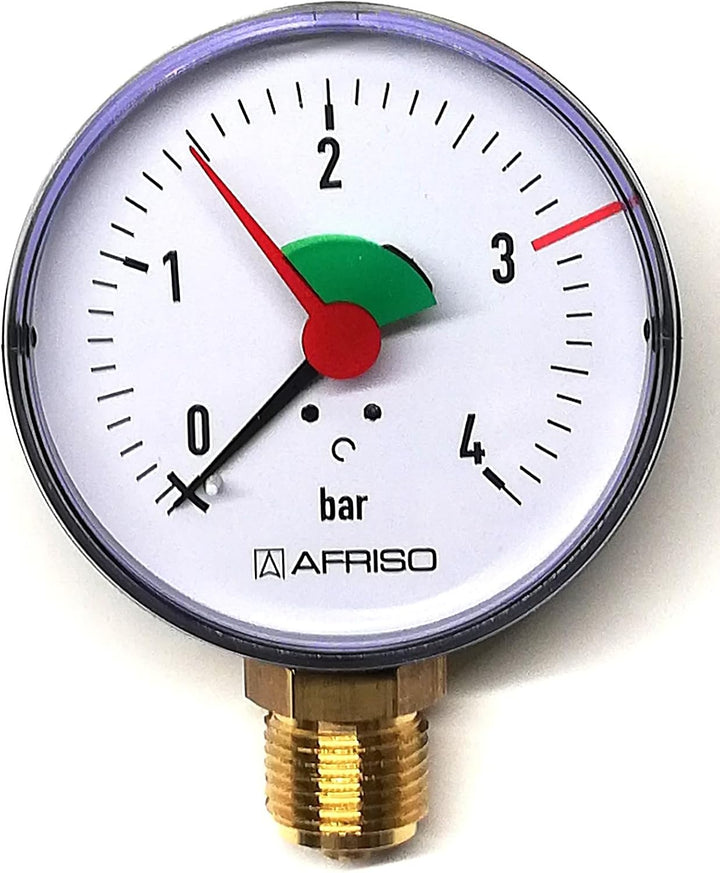 Rohrfeder-Manometer für Heizung/Sanitär - Radial, Afriso, Ø80mm, DN15 (1/2"), 3bar Markierung