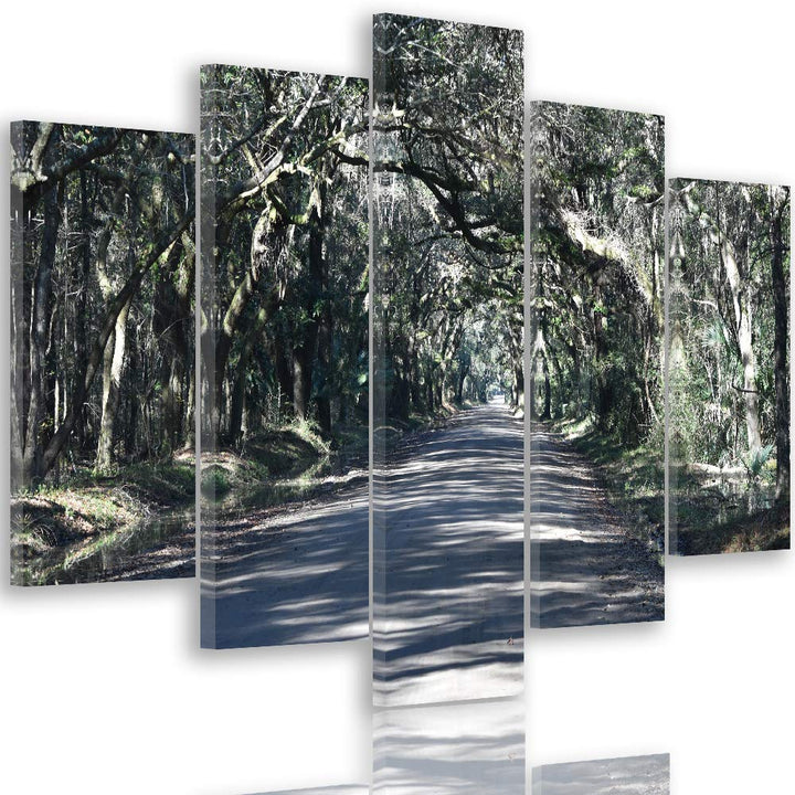 Feeby Leinwandbild Landschaft 5 TLG Bild Kunstdruck Weg Allee Wald Bäume grün 100x70 cm Leinwandbild