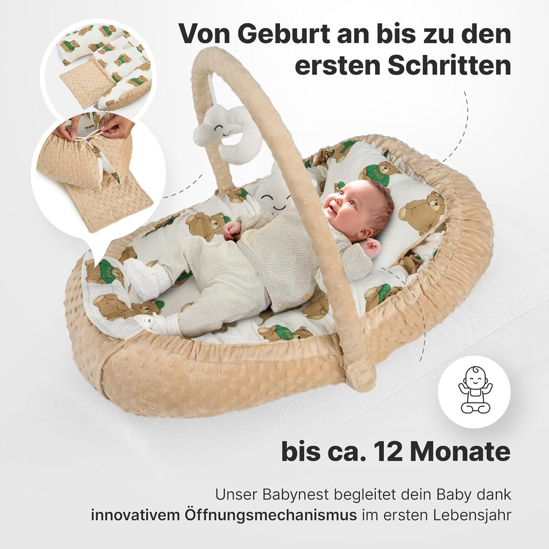 CHILDOO Babynest [inkl. Spielbogen] Baby Nestchen aus OEKOTEX Stoffen, Babynestchen für Neugeborene,