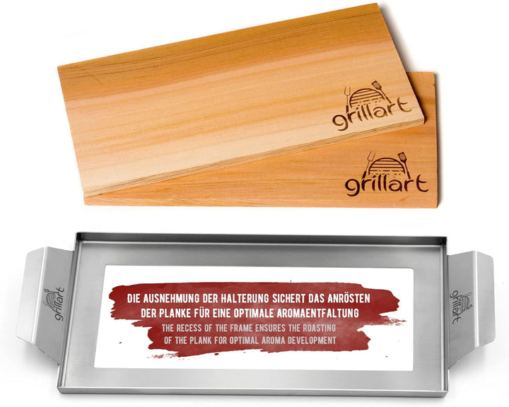 grillart® Premium Räucherbretter aus Zedernholz mit hochwertigem Edelstahlrahmen für eine einfache H
