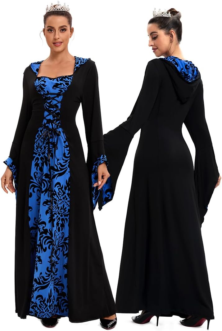 Damen Retro Mittelalter Kleid mit Trompetenärmel, Mittelalterliche Viktorianischen Königin Kleider R