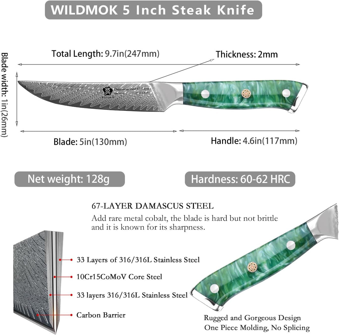 WILDMOK Steakmesser, 13cm nicht gezahnt, Steakmesser-Set mit 4 Stück, Steakmesser aus japanischem Da