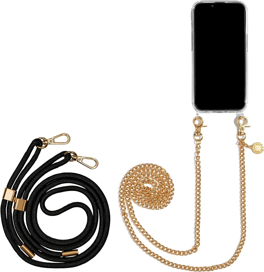 Jalouza Handykette, Kordel & Hülle Bundle kompatibel mit iPhone 13 - Gliederkette in Gold und Kordel