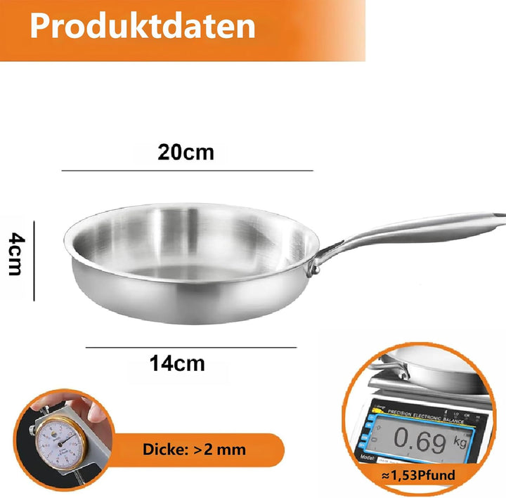 Edelstahl Pfanne 20 cm, Durchgehend 3-lagig Bratpfanne Silber - Ohne Deckel 20 cm, Silber - Ohne Dec