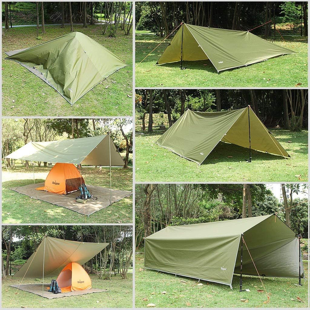 Unigear Tarp 3x3 3x4 3x5 4x4 wasserdicht, Zeltplane für Hängematte mit Ösen + 6/8 Erdnägel + 6/8 Sei