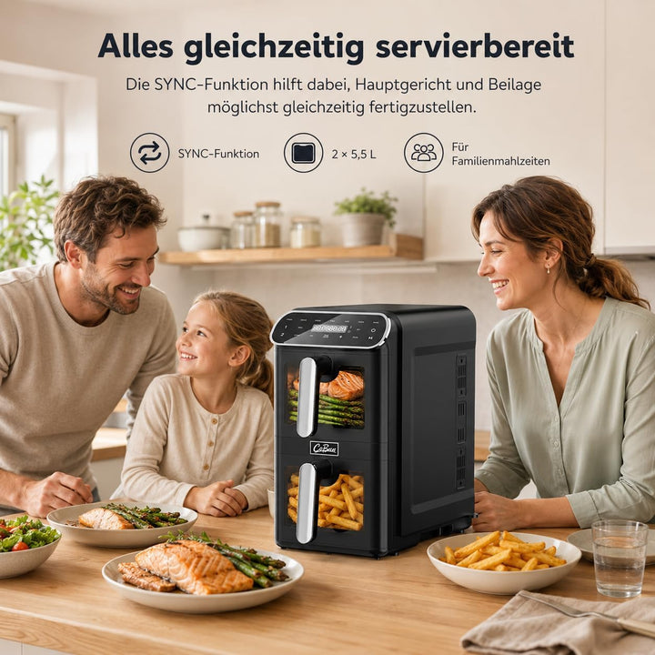 Heissluftfritteuse 2 Kammern übereinander 11L, platzsparende vertikale Doppelkammer, 2×5,5L Airfryer