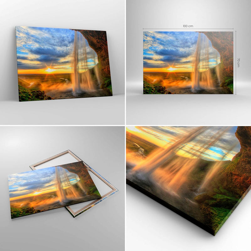 Bilder auf Leinwand 100x70cm Leinwandbild Wasserfall Natur Park Sonne Gross Wanddeko Bild Schlafzimm