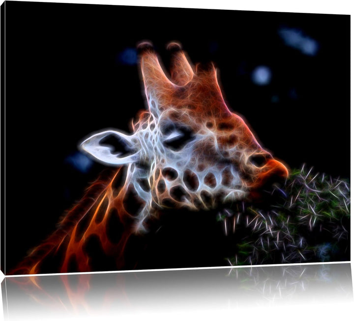 Dark schöne Giraffe beim Fressen Spezial Format: 100x70 cm auf Leinwand, XXL riesige Bilder fertig g