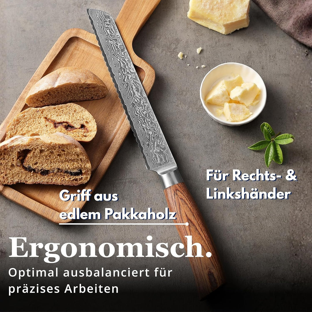 Wakoli EDIB Pro Brotmesser Wellenschliff aus echtem Damaststahl (VG10 Kern) 20 cm Klinge – Scharf &