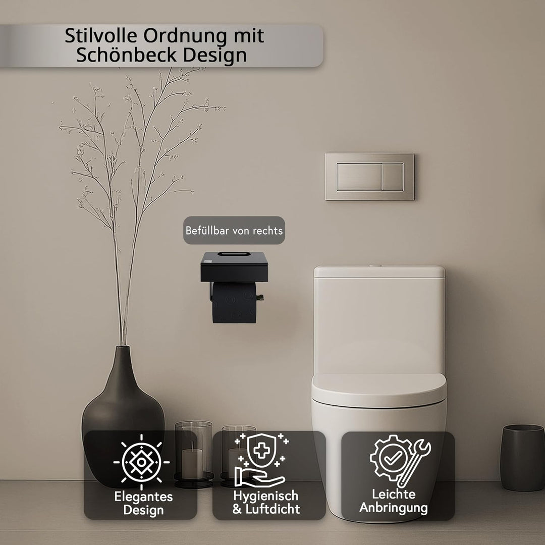 Toilettenpapierhalter mit Feuchttücherbox - Gehäuse Schwarz & Abdeckung Glas Schwarz- befüllbar von