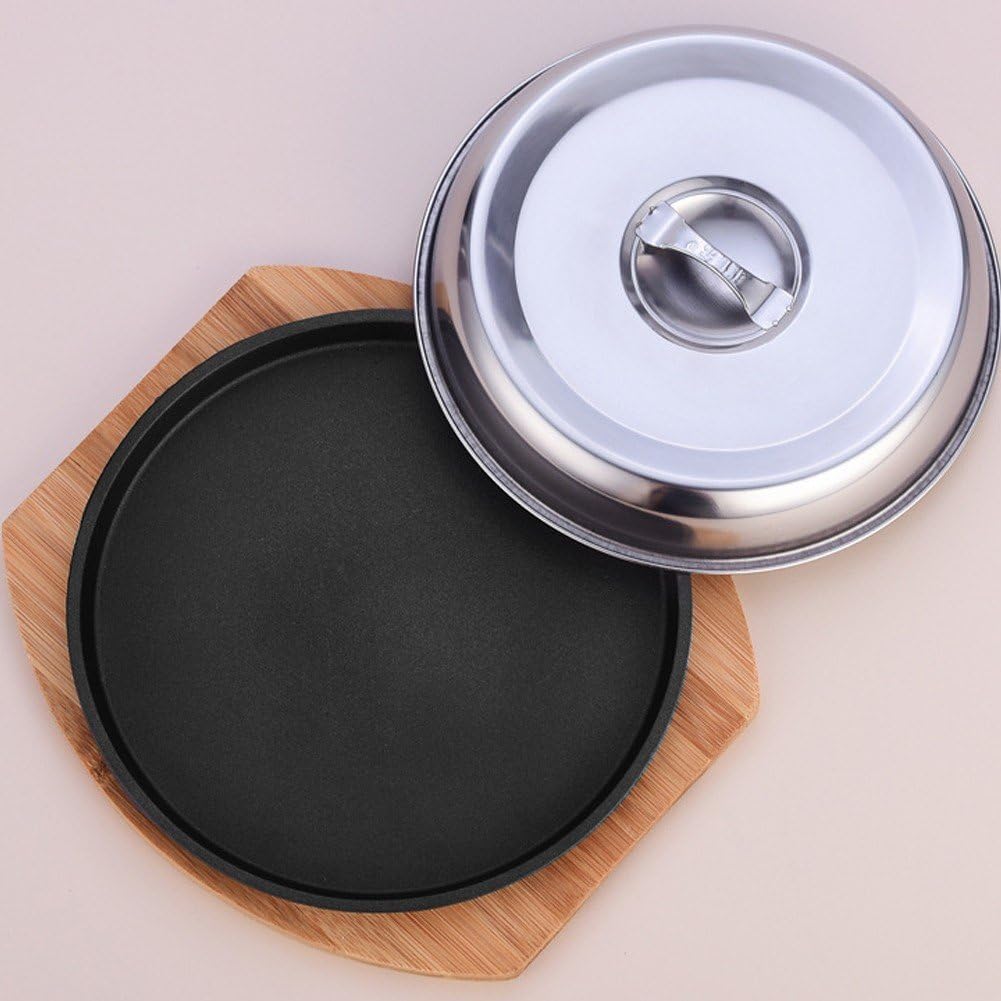 Fajita-Teller-Set Aus Gusseisen, Brutzelnde Bratpfanne, Steakplatte Holztablett Und Deckel, Bratpfan