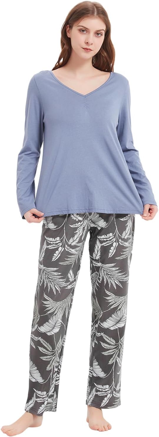 Mnamo Damen Schlafanzug Weich Gestricktes Pyjama Set Gemütliche Nachtwäsche Baumwolle und Modal Atmu