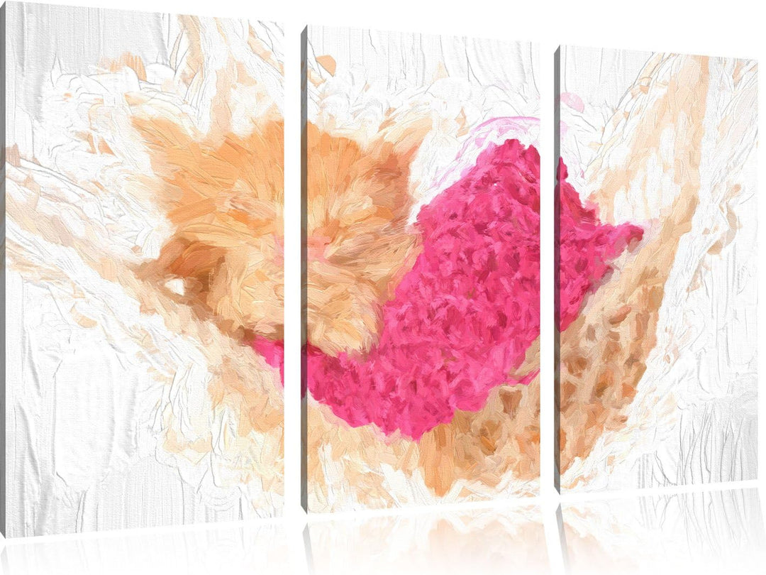 Pixxprint Schlafendes Katzenbaby in Hängematte Pinsel Effekt 3-Teiler Leinwandbild 120x80 Bild auf L