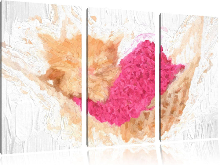 Pixxprint Schlafendes Katzenbaby in Hängematte Pinsel Effekt 3-Teiler Leinwandbild 120x80 Bild auf L