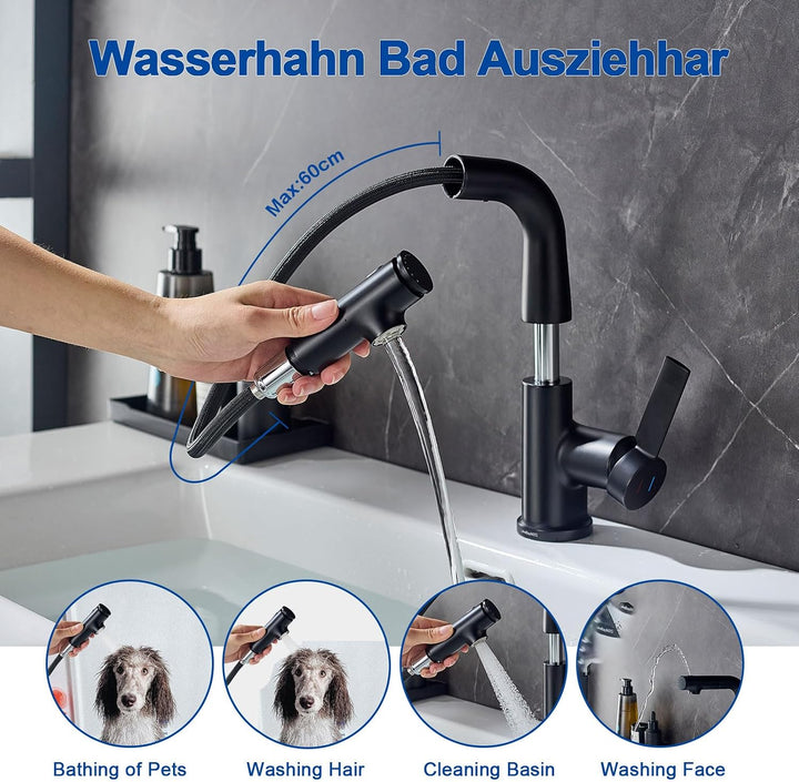 Waschtischarmatur mit LakeBayMZC Ausziehbar Wasserhahn Bad, Einhebelmischer Badarmatur Waschbeckenar