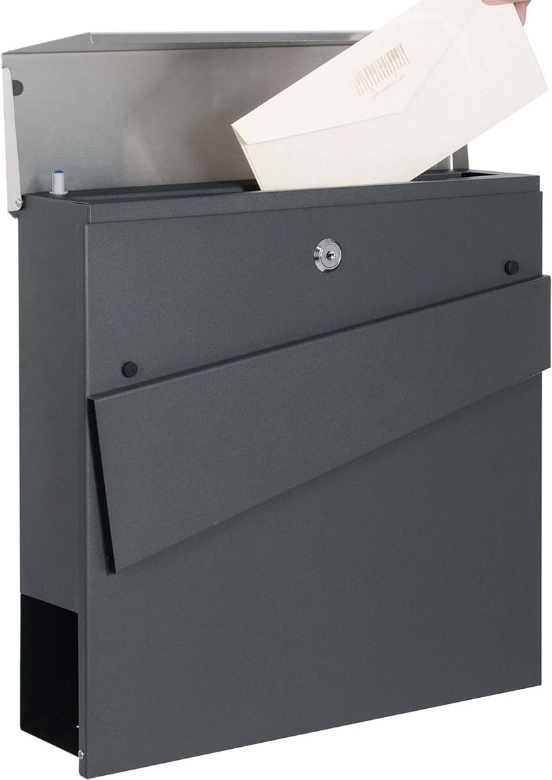 Briefkasten Anthrazit V58 mit Zeitungsfach und Soft Close Deckel abschliessbarer Wandbriefkasten