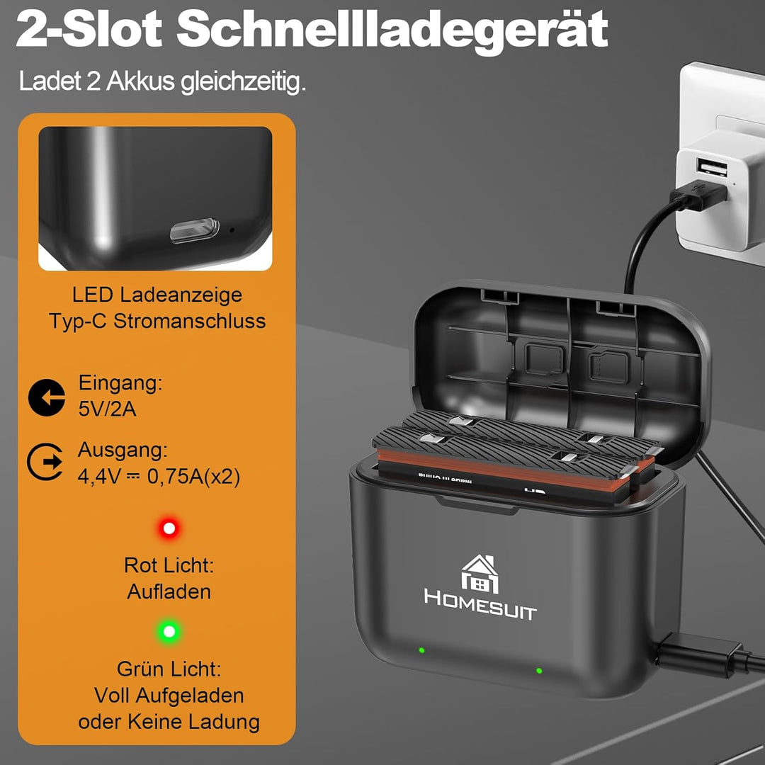 Homesuit Insta360 X3 Ersatz Akku 1800mAh und USB Ladegerät kompatibel mit Insta360 ONE X3 Kamera (2-