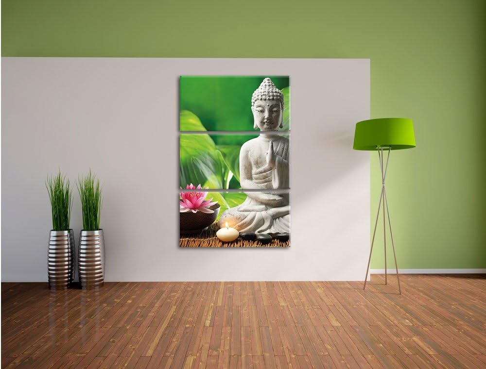 Pixxprint Seerose Buddha Statue als Leinwandbild/Grösse: 3 Teilig (120x80 cm) cm/Wandbild/Kunstdruck