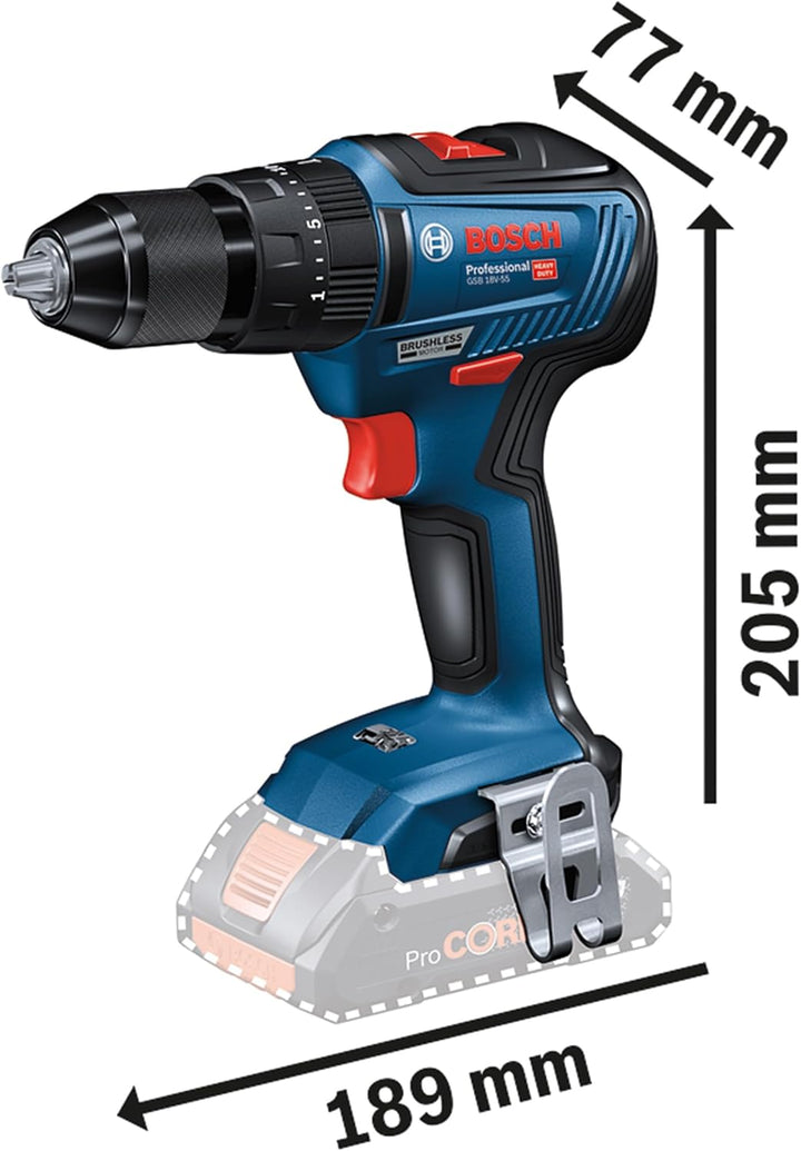 Bosch Professional Akku Schlagbohrmaschine GSB 18V-55 (2x 4,0 Ah Akku, 18 Volt System, Bohr-Ø in Mau