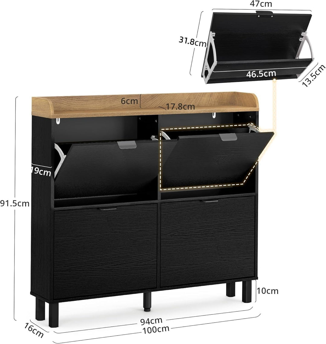 LUE BONA Schuhschrank schmal, Schuhschrank mit 4 Flip-Klappen, Schuhkipper mit Holzfüssen, Schuhrega