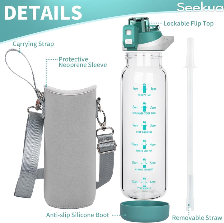 Seekua 0.8l Sport Trinkflasche Glas Flasche mit Strohhalm & Zeitmarkierung 800ml auslaufsicher bpa f