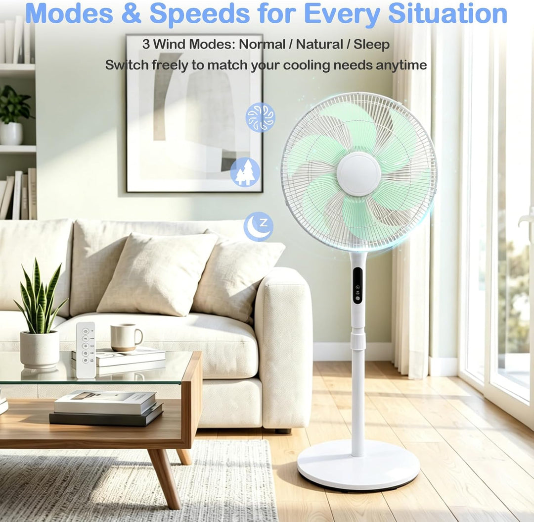 Standventilator mit Fernbedienung, 3 Geschwindigkeitsstufen, 6 Flügel, 7,5H Timer, höhenverstellbar