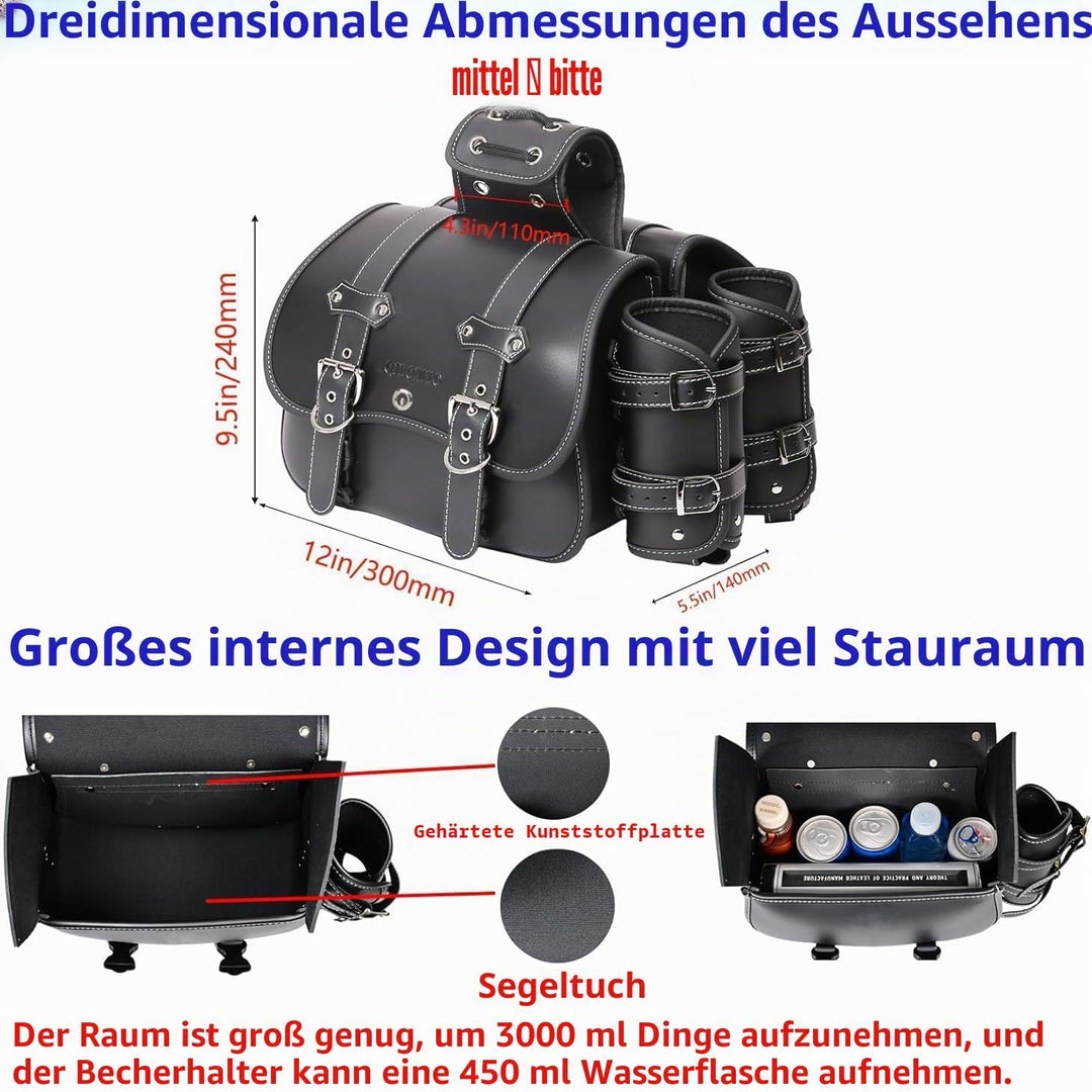 Motorrad-Satteltaschen aus hochdichtem Leder,Gepäckträger-Seitentaschen mit Getränkehalter, wasserdi
