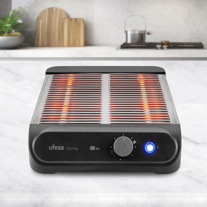 Ufesa Flacher Toaster Barley, 900W mit 3 Quarz-Heizelementen, Horizontaler Edelstahl-Toaster, XL-Grö